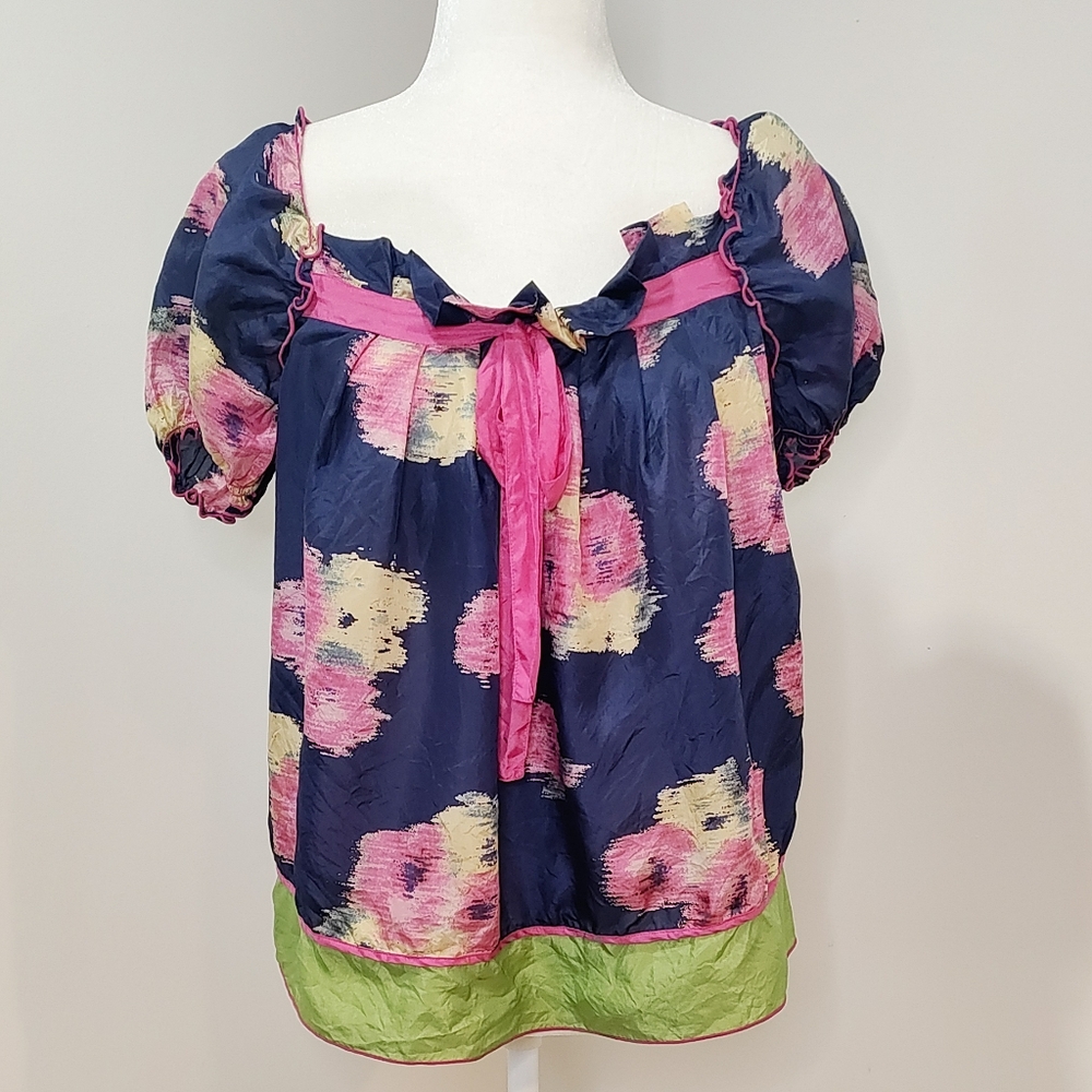100% Silk‎ Chelsea & Violet Navy & Pink Floral Girly Blouse w/ Puff Sleeves
